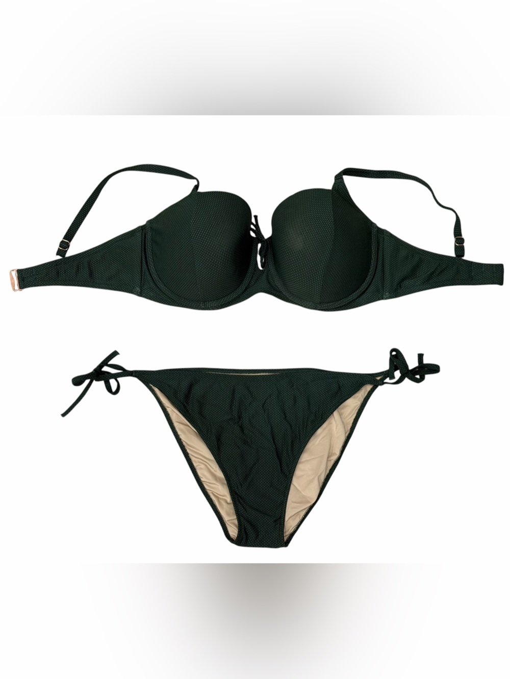 Shade & Shore Textured Bikini Set 38DD XL Dark Green Tie Side Swimwear - Picture 2 of 4